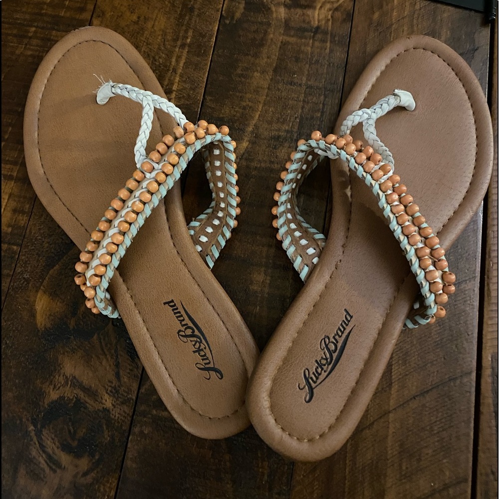 LuckyBrandTan/White/coralBohoBeadedFlipFlops
